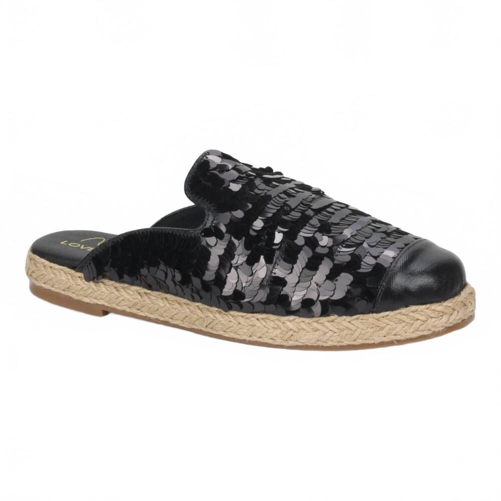 NEW LOVE RIO women'sglitz sequin espadrille mules in black